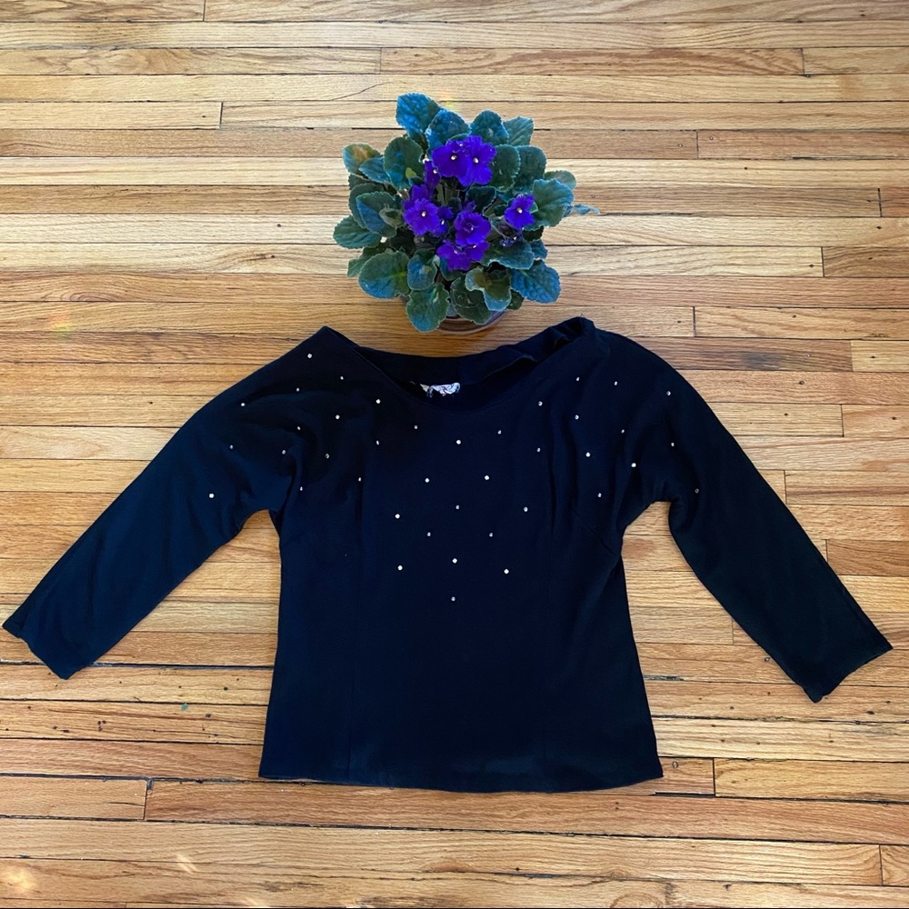 Vintage Faux Pearl and Rhinestone Accent Black Knit Top, 3/4 Sleeves